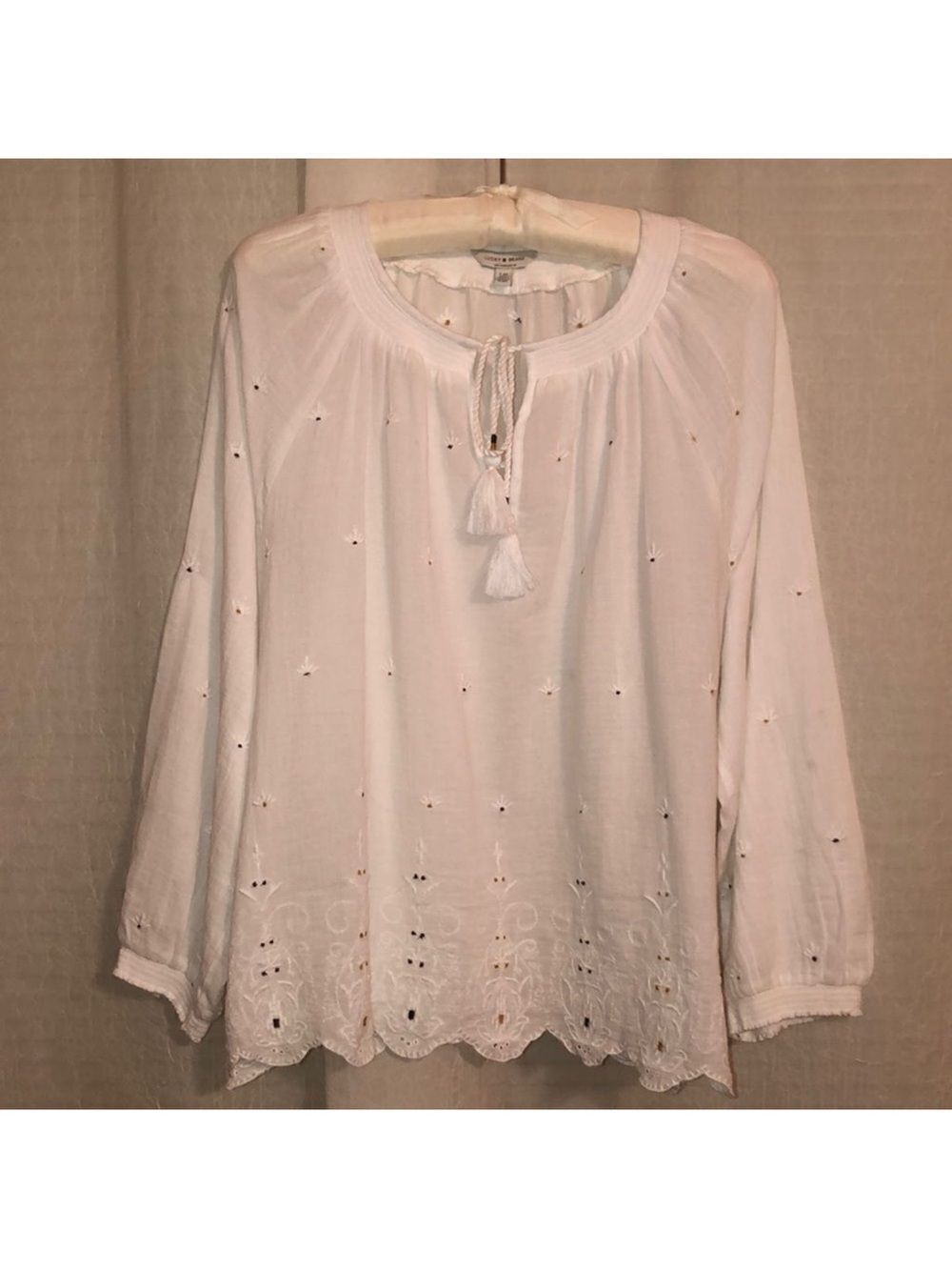 Lucky Brand L White Cotton Embroidered Blouse Scalloped Hem Tassel Ties